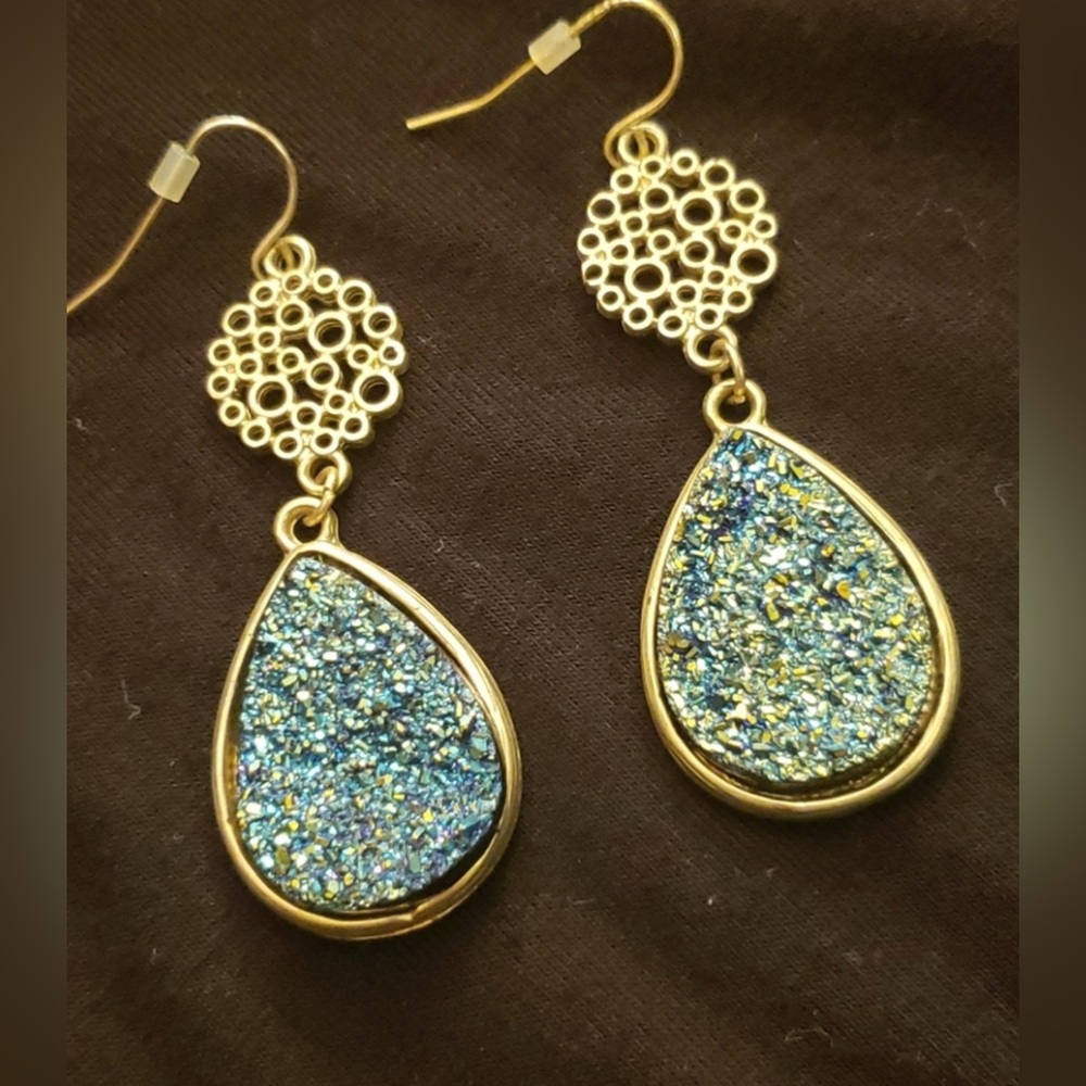 Gold and Blue Dangle Druzy Earrings